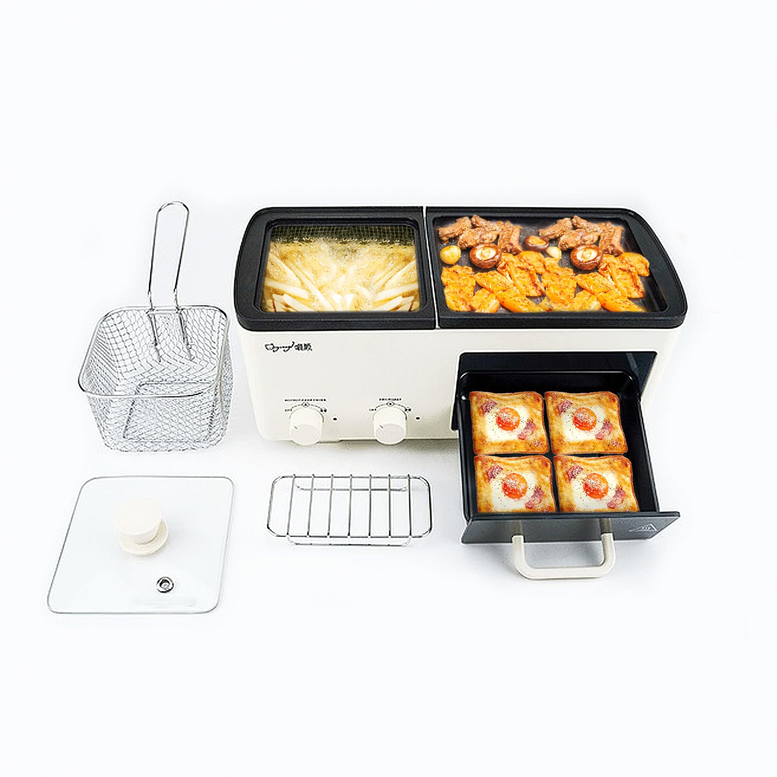 Wood-it 4-in-1 Electric Hot Pot with Grill & Frying Basket - Dual Zone Temperature Control for Korean BBQ, Shabu Shabu, Fondue - Fast Heating for Boiling, Simmering, Frying & Roasting - Perfect for Home Cooking, Parties & Camping (Off-White)
