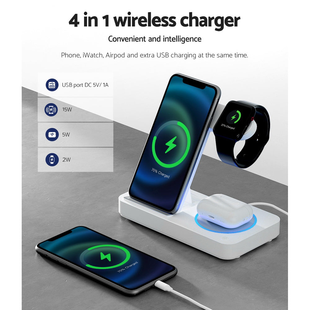 Devanti 4-in-1 Fast Wireless Charging Station for iPhone, Samsung, AirPods & Apple Watch - Multi-Device Charging Dock (White) | Perfect for Home, Office & Nightstand Use