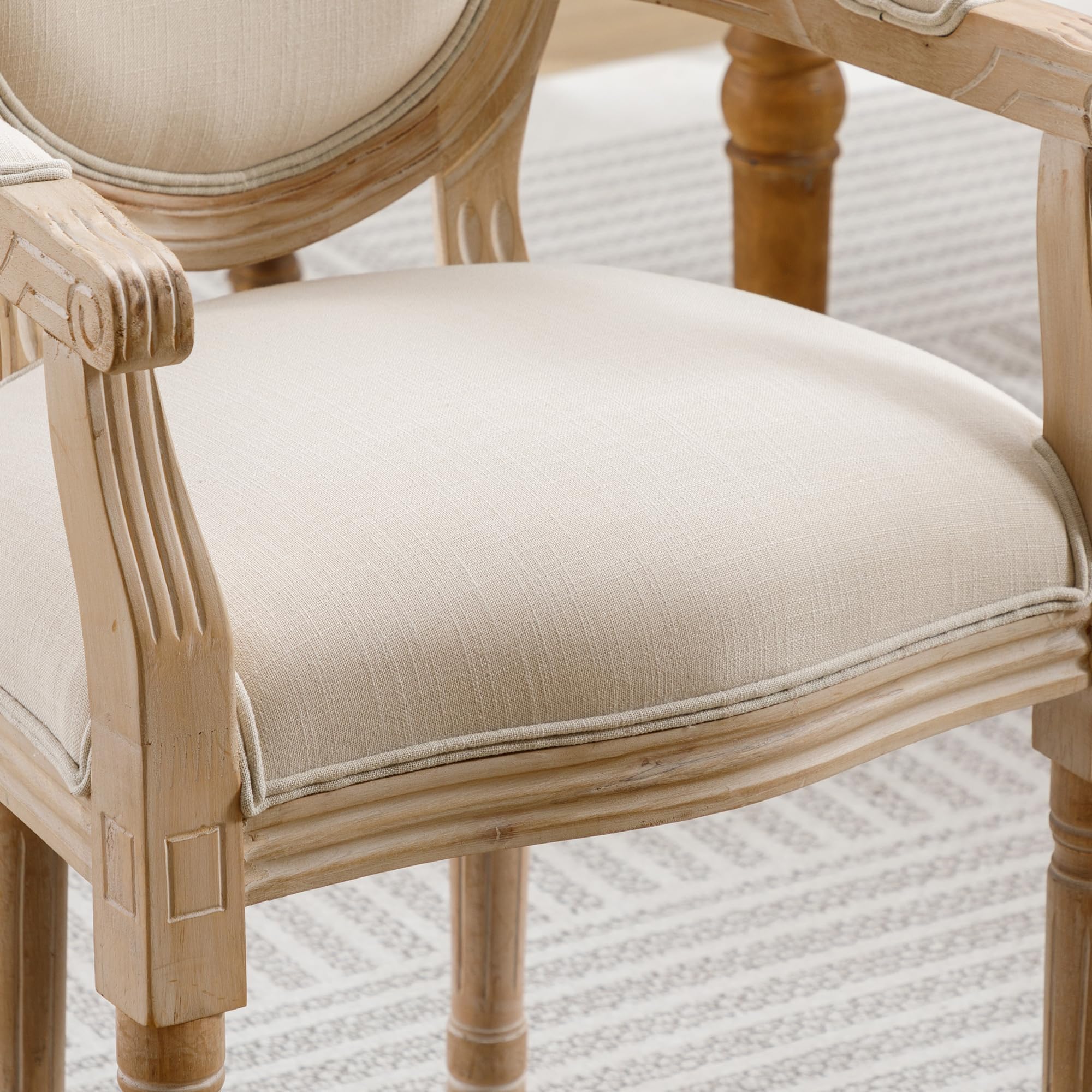Solid Wood French Dining Chairs Set of 2 - Rustic Carved Wood Frame with Cane Back & Linen Upholstered Seat - Elegant Bistro Armchairs for Dining Room, Wedding, Living Room & Kitchen Decor