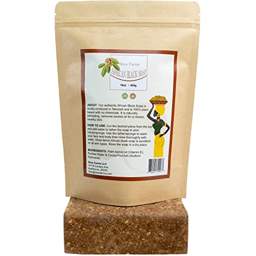 Shea Farms African Black Soap Bar - 16oz (1lb) Natural Dark Spot Remover for Face & Body - Acne, Hyperpigmentation, Eczema & Scar Treatment - Perfect for Daily Skincare & Sensitive Skin Care Routine