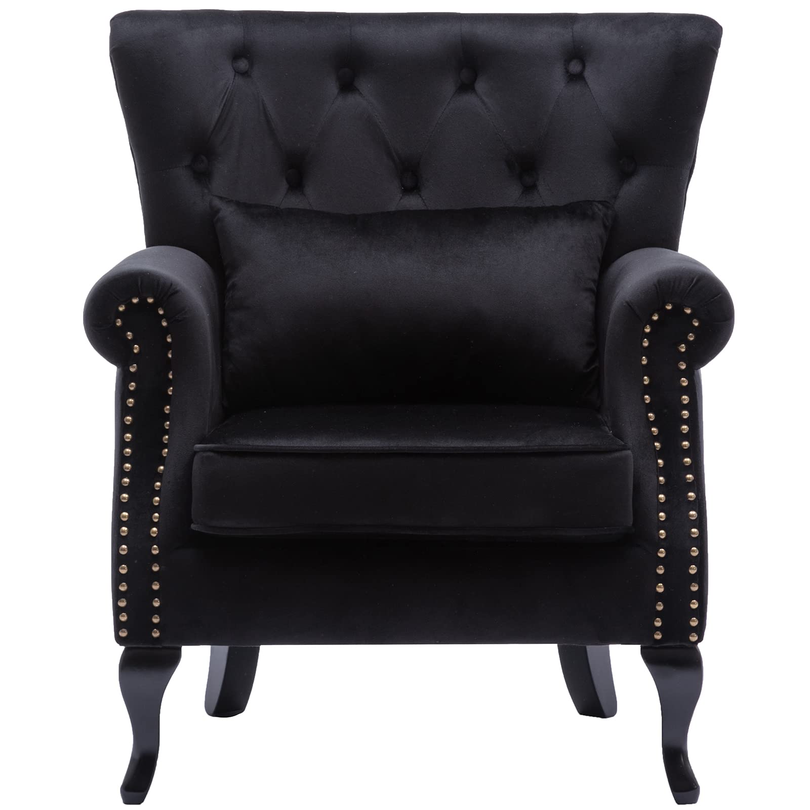 Mid Century Modern Accent Chair - Button Tufted Velvet Armchair with Pillow - Wingback Club Chair for Living Room, Bedroom & Lounge - Stylish Single Sofa Chair for Home Decor, Reading Nook & Coffee Corner - Black