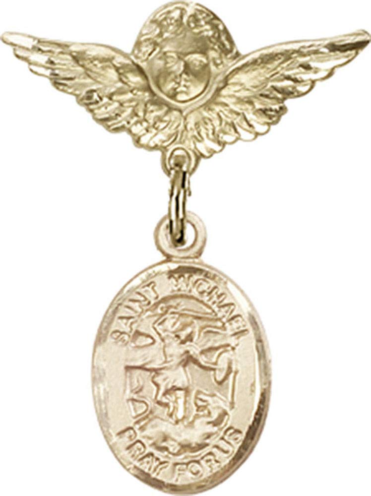 St. Michael The Archangel Gold Filled Baby Badge Pin with Angel Wings Charm - Religious Jewelry for Christening, Baptism & Baby Blessing Gifts
