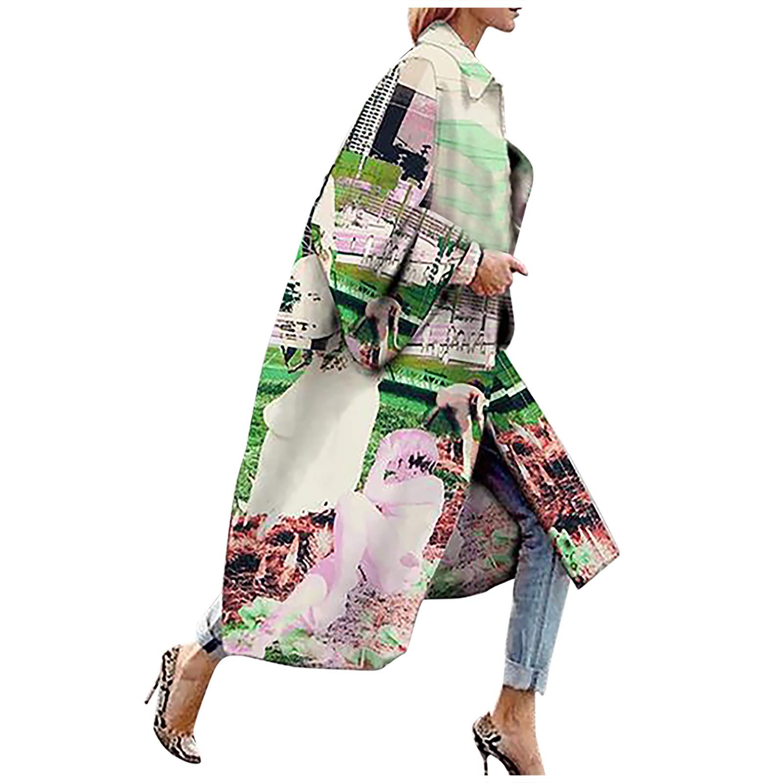 CSBYBD Women's Fashion Printed Pocket Jacket - Long Trench Coat Cardigan Overcoat (Green, XL) | Stylish Outerwear for Work, Dating & Fall Season