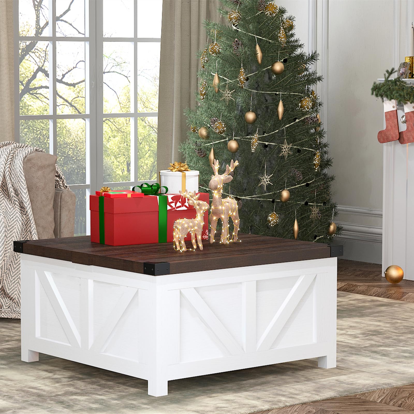 Farmhouse Lift Top Coffee Table with Storage - Wood Square Center Table with Charging Station & USB Ports - Large Hidden Compartment - Perfect for Living Room, Bedroom, Home Office - Ideal for Entertaining, Remote Work & Small Space Storage
