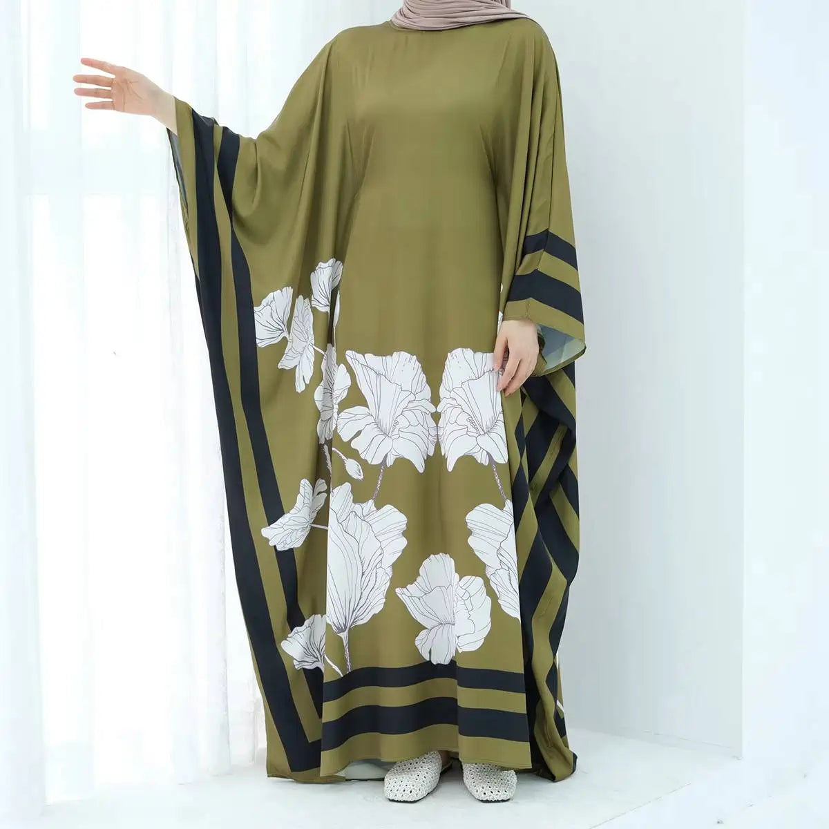 Elegant Satin Abaya Dress with Butterfly Sleeves - Floral Printed Islamic Prayer Dress in Maroon, Green, Pink & White - Perfect for Eid, Ramadan & Special Occasions
