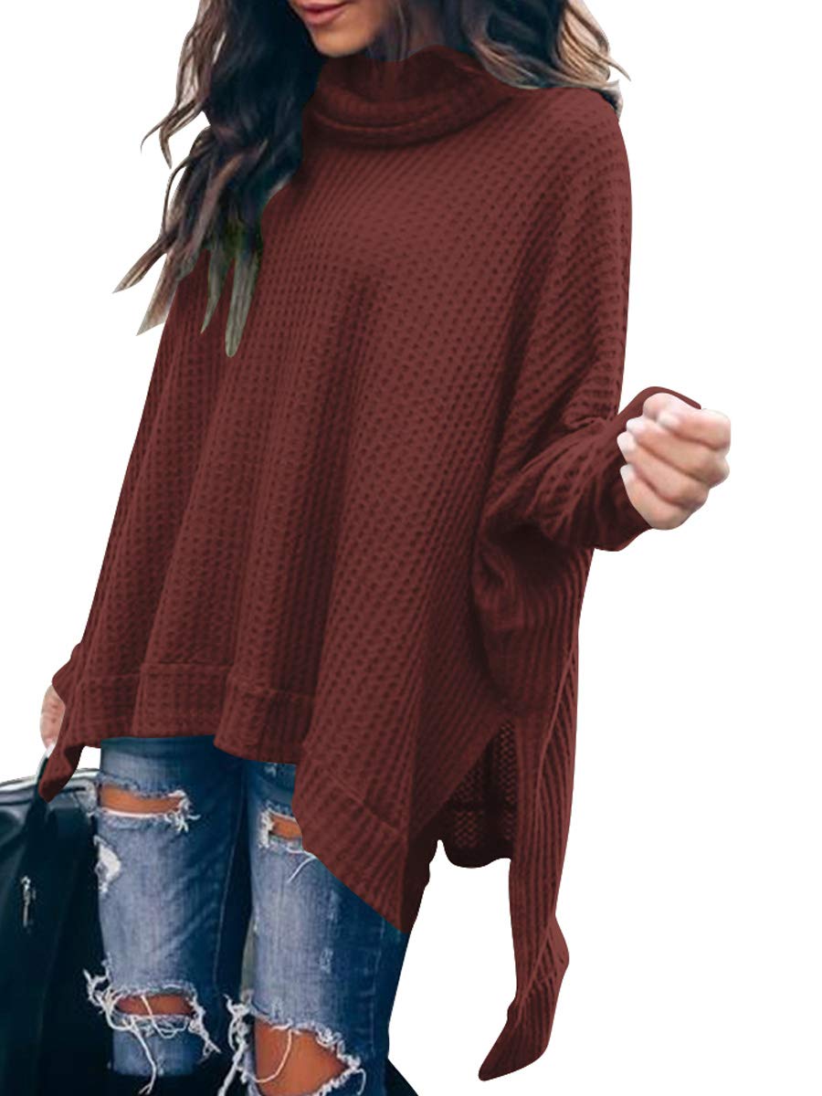 ANRABESS Women's Oversized Turtleneck Sweater - Long Batwing Sleeve Waffle Knit Split Hem Tunic Pullover Top for Fall 2023 | Cozy Winter Fashion, Casual Outfit & Office Wear