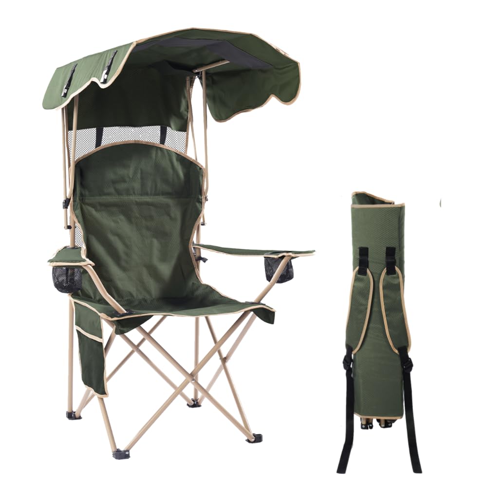 EZONE Folding Canopy Camp Chair - Portable Outdoor Shade Chair for Camping, Beach, Pool, Tailgating & Travel - UPGRADED Sunshade Lawn Chair with Adjustable Canopy (Olive Green) - Perfect for Picnics, Backyard Relaxation & Outdoor Adventures