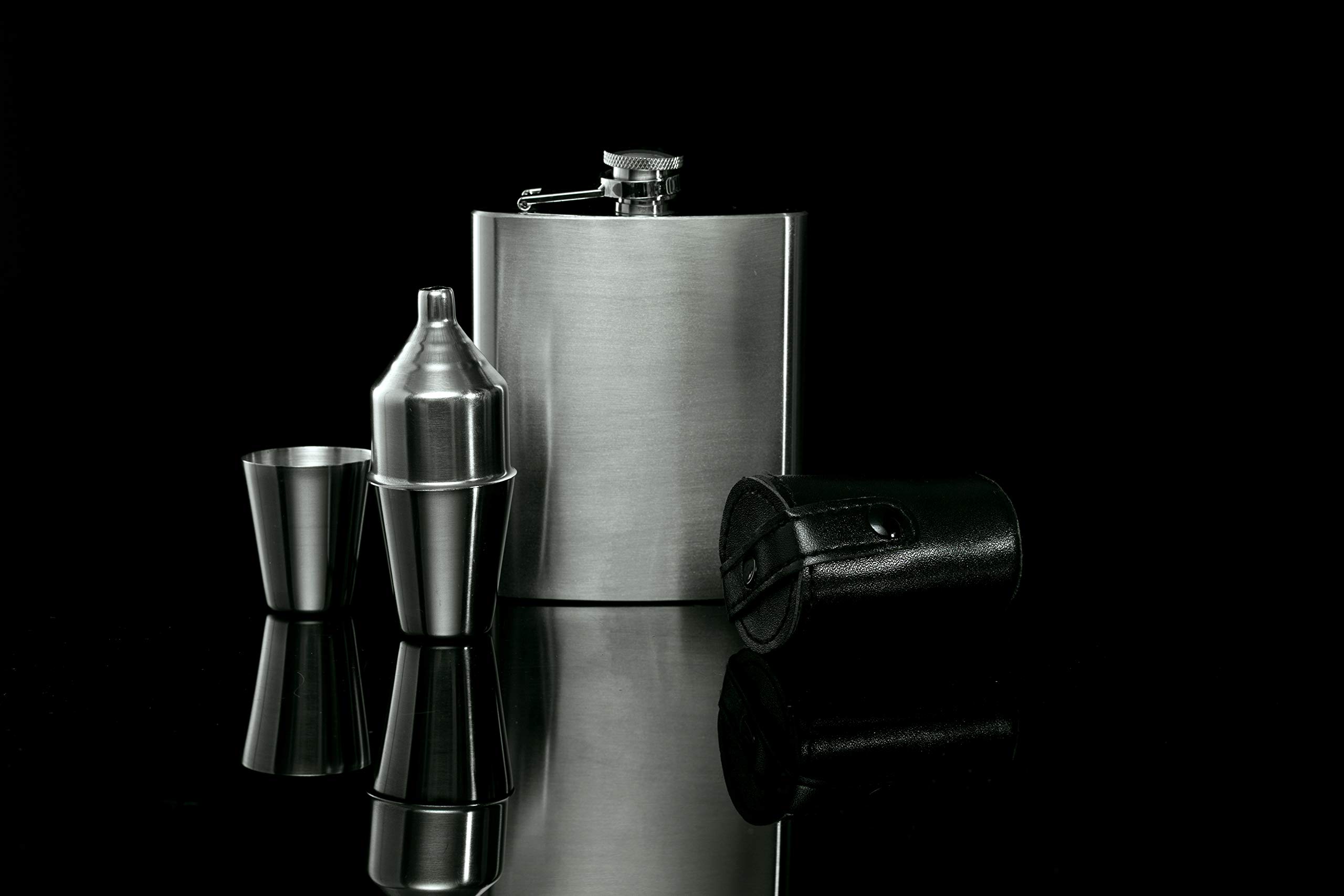 Premium Stainless Steel 7 oz Liquor Hip Flask Set with Funnel, 4 Shot Glasses & Leather Pouch - Perfect for Outdoor Adventures, Camping, Parties & Gifts