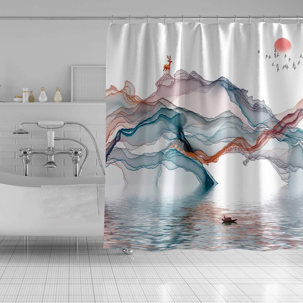 Antler Deer on Mountain Karst Cave Scenic Polyester Shower Curtain with Hooks - Chinese Wash Painting Waterproof Bathroom Decor (63x63 inches) - Perfect for Nature-Themed Bathrooms and Spa Retreats