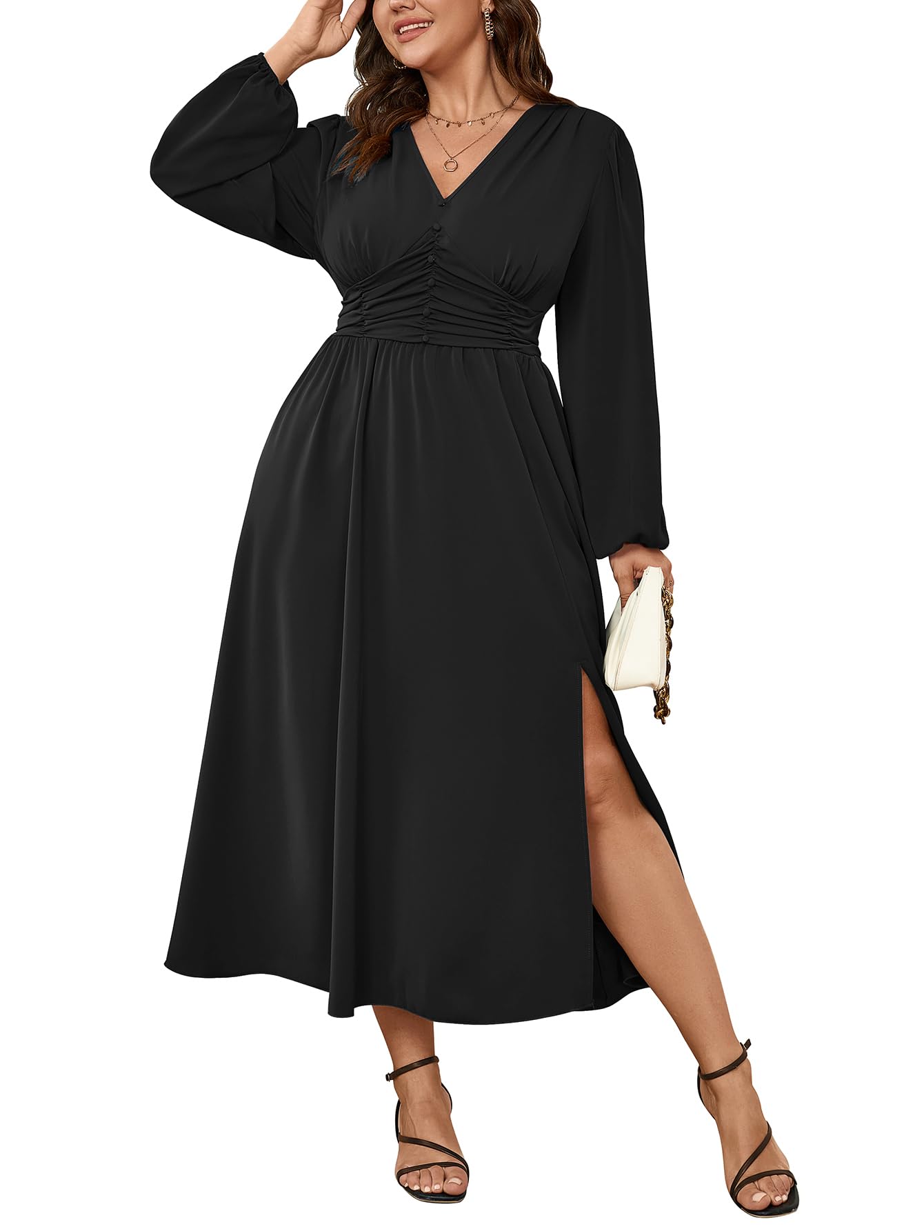 Plus Size Wedding Guest Cocktail Dress for Women - Long Sleeve V-Neck A-Line Maxi Dress with Elastic Waist & Side Slit | Perfect for Formal Events, Parties & Special Occasions