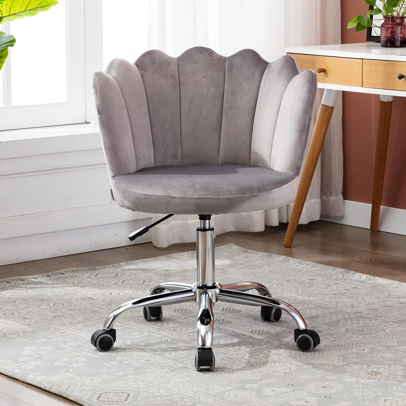 Modern Velvet Fabric Office Chair - 360° Swivel Adjustable Height Ergonomic Desk Chair with Floral Accent in Petal Gray | Perfect for Home Office, Study Room & Workspace