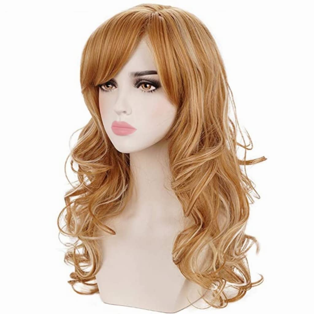Long Curly Wavy Strawberry Blonde Highlights Natural Synthetic Hair Wigs with Bangs for Women - Perfect for Daily Wear, Cosplay, Halloween Parties & Costume Events