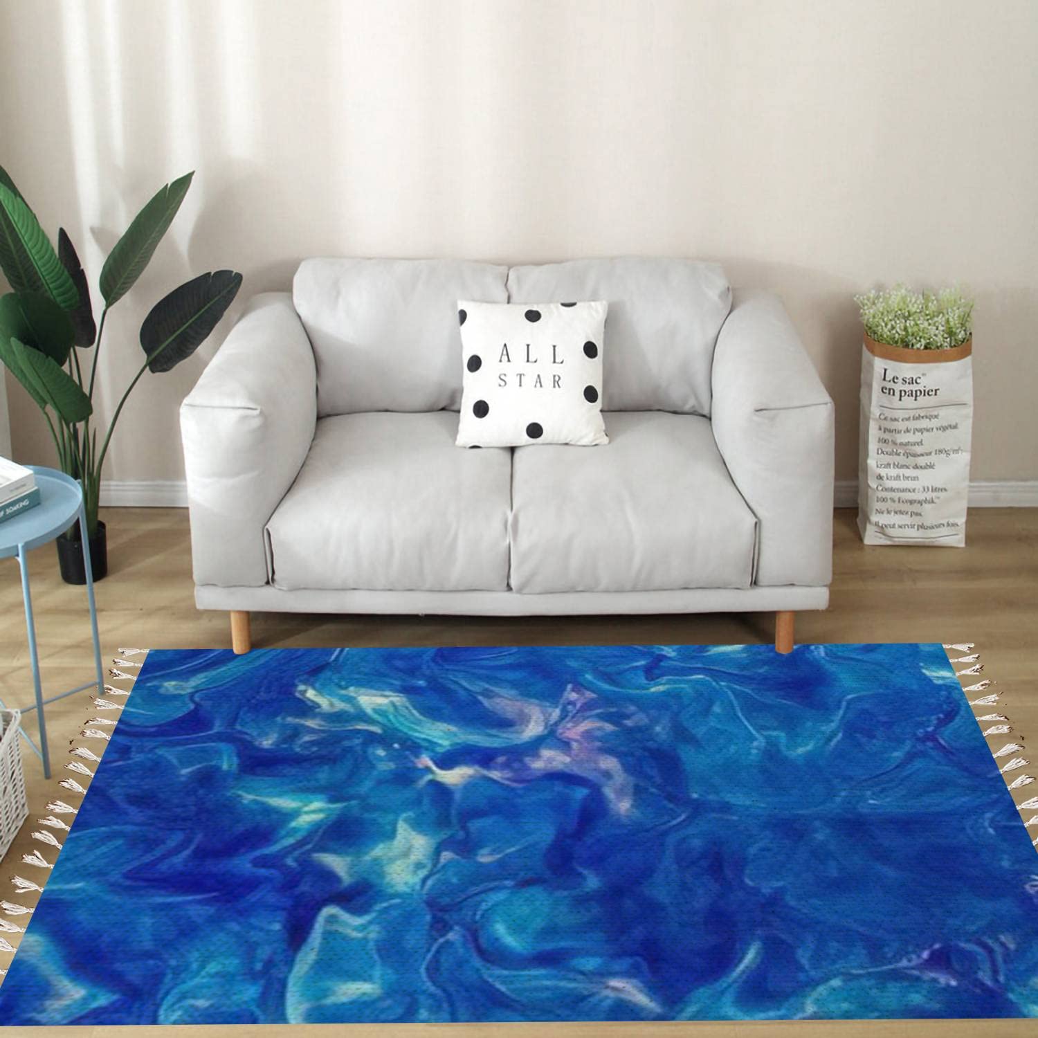 Vintage Cotton Linen Rug with Tassels - Abstract Marble Mixed Ink Design in White, Blue & Purple - Boho Washable Woven Area Rug for Kitchen, Bathroom, Outdoor & Living Room Decor