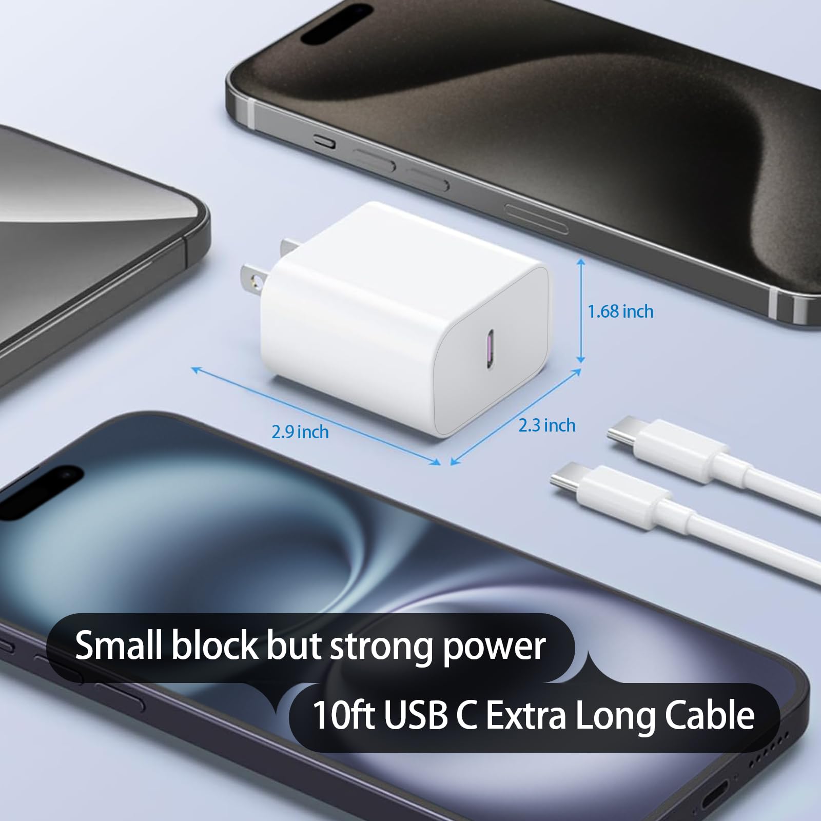 10ft USB-C to USB-C Fast Charging Cable for Apple iPhone 16/15 Pro Max, iPad, AirPods 4 - 20W Power Delivery, Durable 10-Foot Long White Charger Cord (1 Pack) - Perfect for Home, Office, and Travel Charging