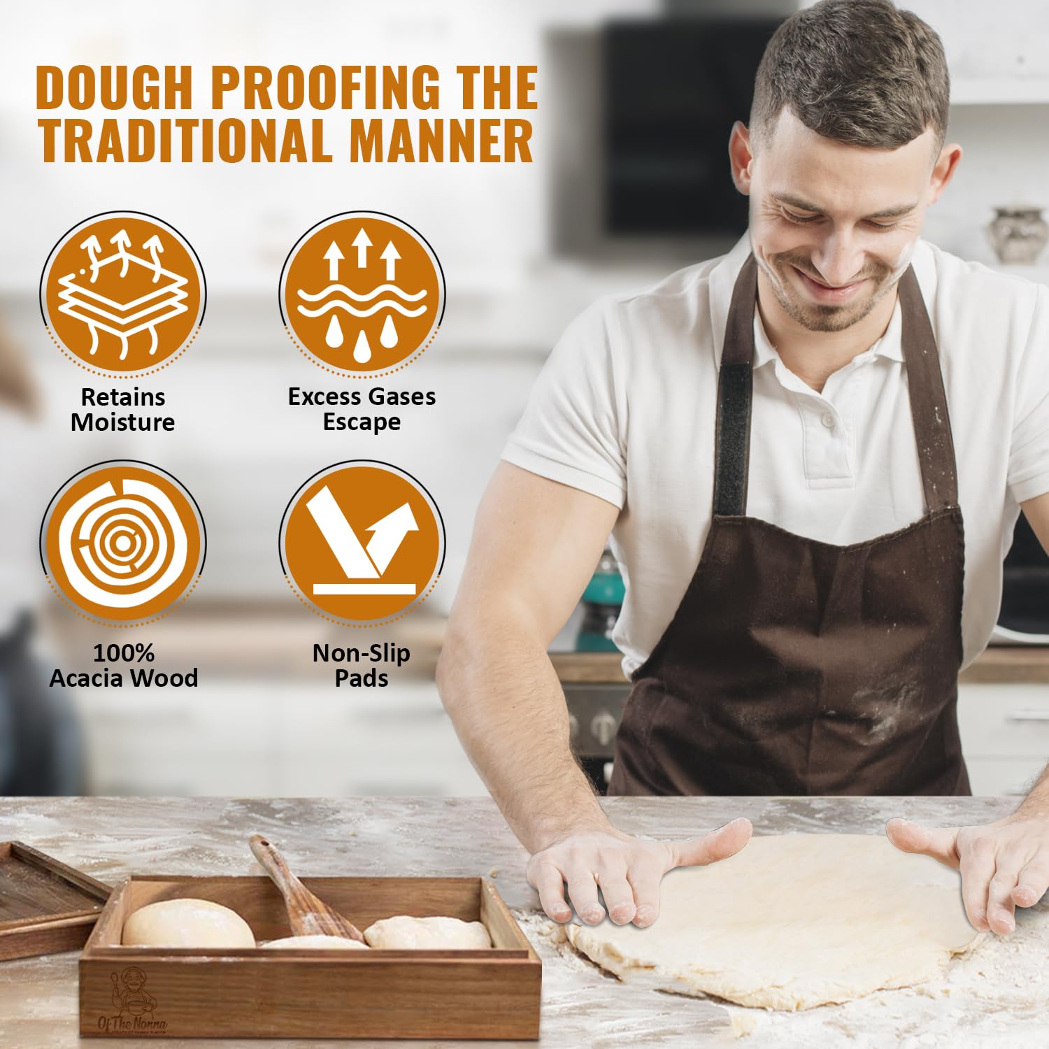 Natural Acacia Wood Pizza Dough Proofing Box with Pizza Sauce Spoon, Dough Spatula & Recipe Book - Ideal for Home Baking, Artisan Pizza Making & Italian Cooking