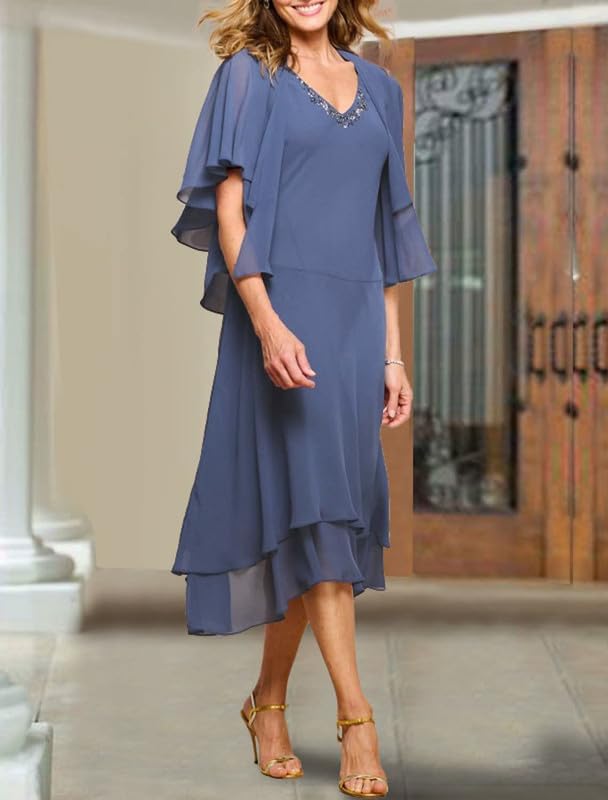 Elegant 2-Piece Tea Length Mother of the Bride Dress Set with Jacket - Long Chiffon Formal Wear for Weddings, Receptions & Special Occasions