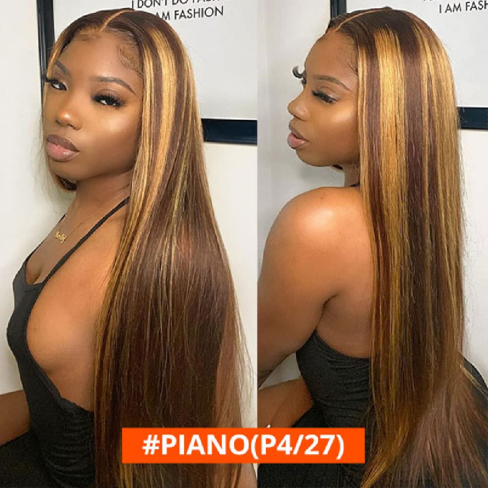 West Kiss Highlight Lace Front Wig Human Hair - 18 Inch Honey Blonde Straight Glueless Wig with 4x4 Closure | Pre-Plucked Natural Hairline | Perfect for Black Women | Everyday Wear, Parties & Special Occasions