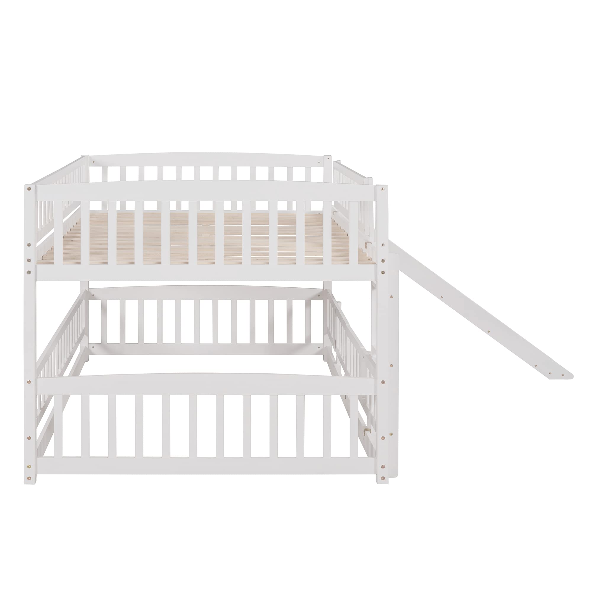 Harper & Bright Designs Full Over Full Low Bunk Beds with Slide, Safety Fence & Ladder - Sturdy Wooden Kids Bunk Bed for Boys & Girls - Perfect for Small Rooms, Shared Kids Bedrooms & Sleepovers - White