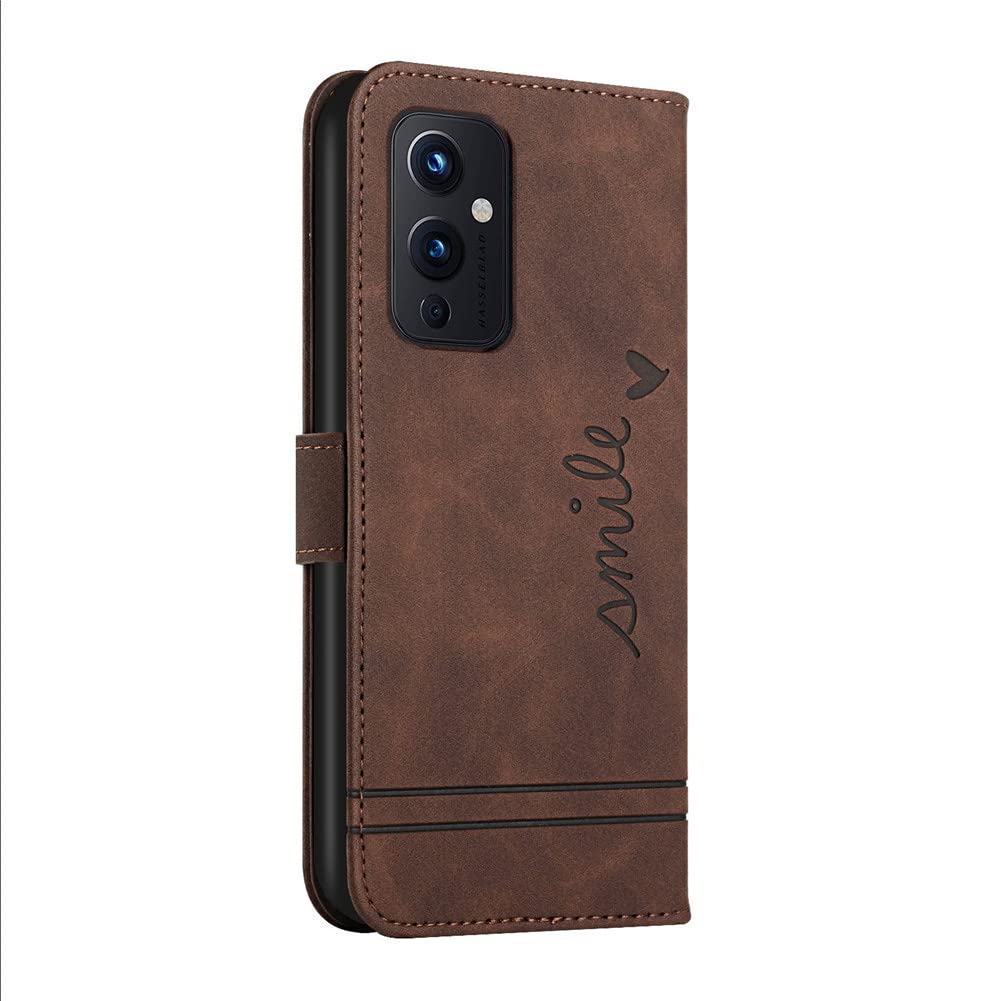 Premium Leather Wallet Case for OnePlus 9/9 5G - Magnetic Flip Cover with Card Holder & Kickstand | Full Protection Phone Case (Smile Brown) | Perfect for Business, Travel & Everyday Use
