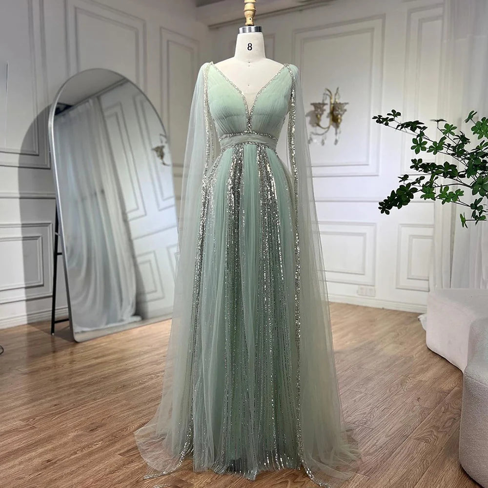 Elegant Sage Green Evening Dress with Cape Sleeves - Yellow Formal Gown for Wedding, Party & Special Occasions | LA72279 | Perfect for Bridesmaids, Prom & Cocktail Events