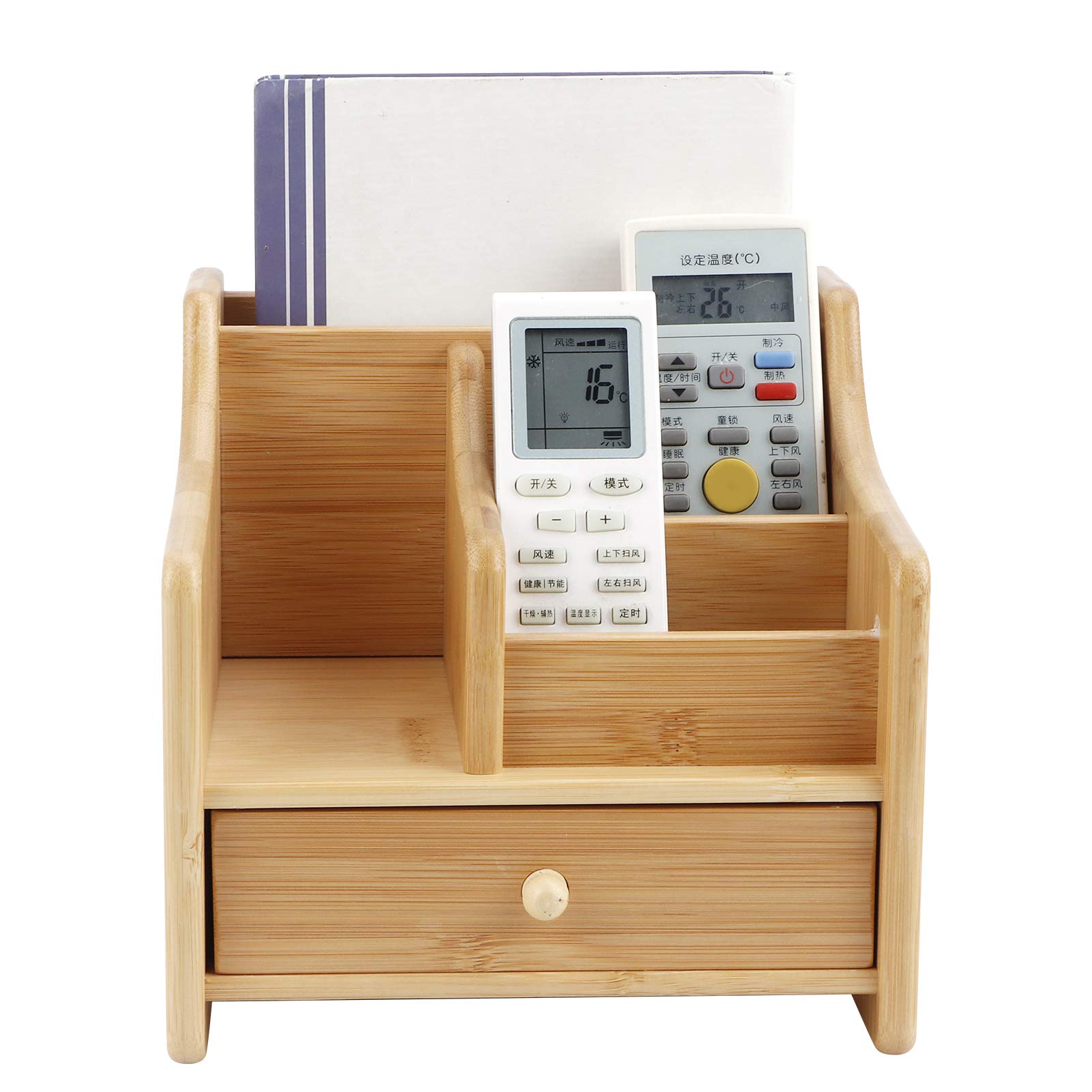 2-Tier Bamboo Cosmetic Storage Box with Remote Control Holder - Organize Office Supplies, Toiletries, Crafts & Notepads - Perfect for Desk, Vanity & Home Organization