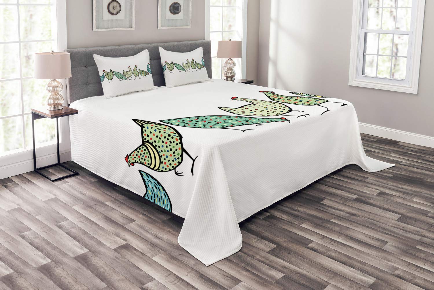 Ambesonne King Size Chicken Bedspread Set - Farm Animal Geometric Print Quilted 3-Piece Coverlet with 2 Pillow Shams, Pale Green & White - Perfect for Farmhouse, Country & Rustic Bedroom Decor