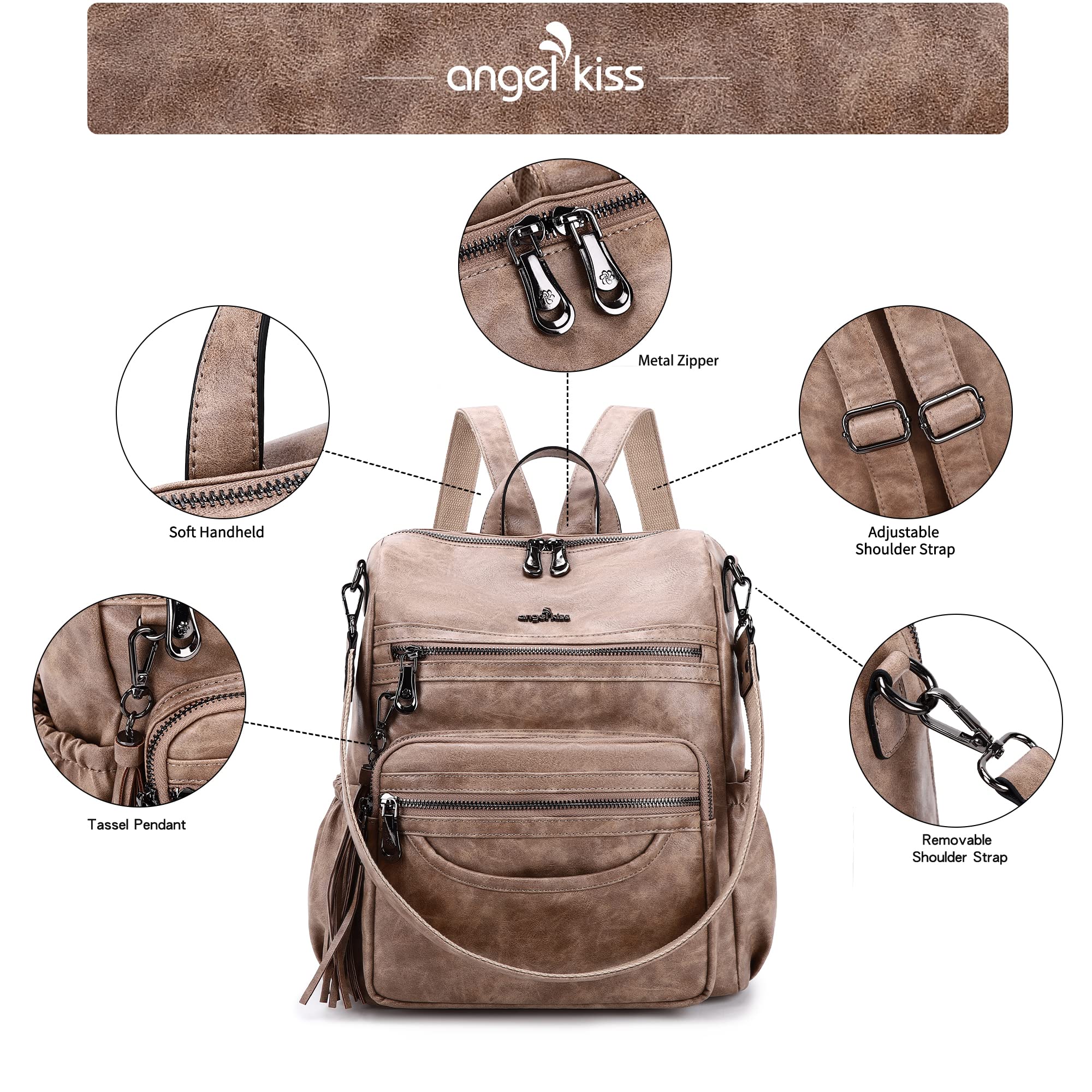 Angel Kiss Women's PU Leather Backpack Purse - Stylish Zipper Casual Backpack & Shoulder Bag for Work, Travel & College | Durable & Fashionable