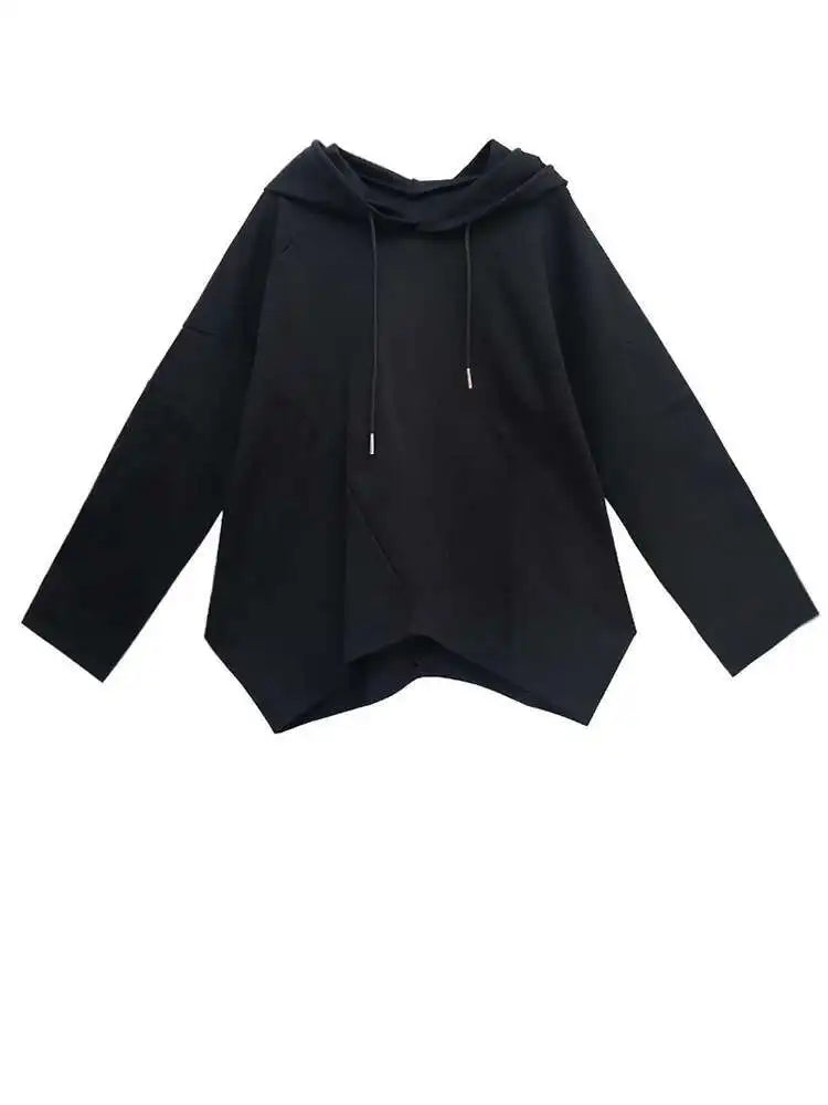 Black Asymmetrical Hem Hooded Sweatshirt for Women - Oversized Long Sleeve Pullover | Trendy Spring & Fall Fashion 2025 | Casual Wear, Street Style, Lounge Outfits