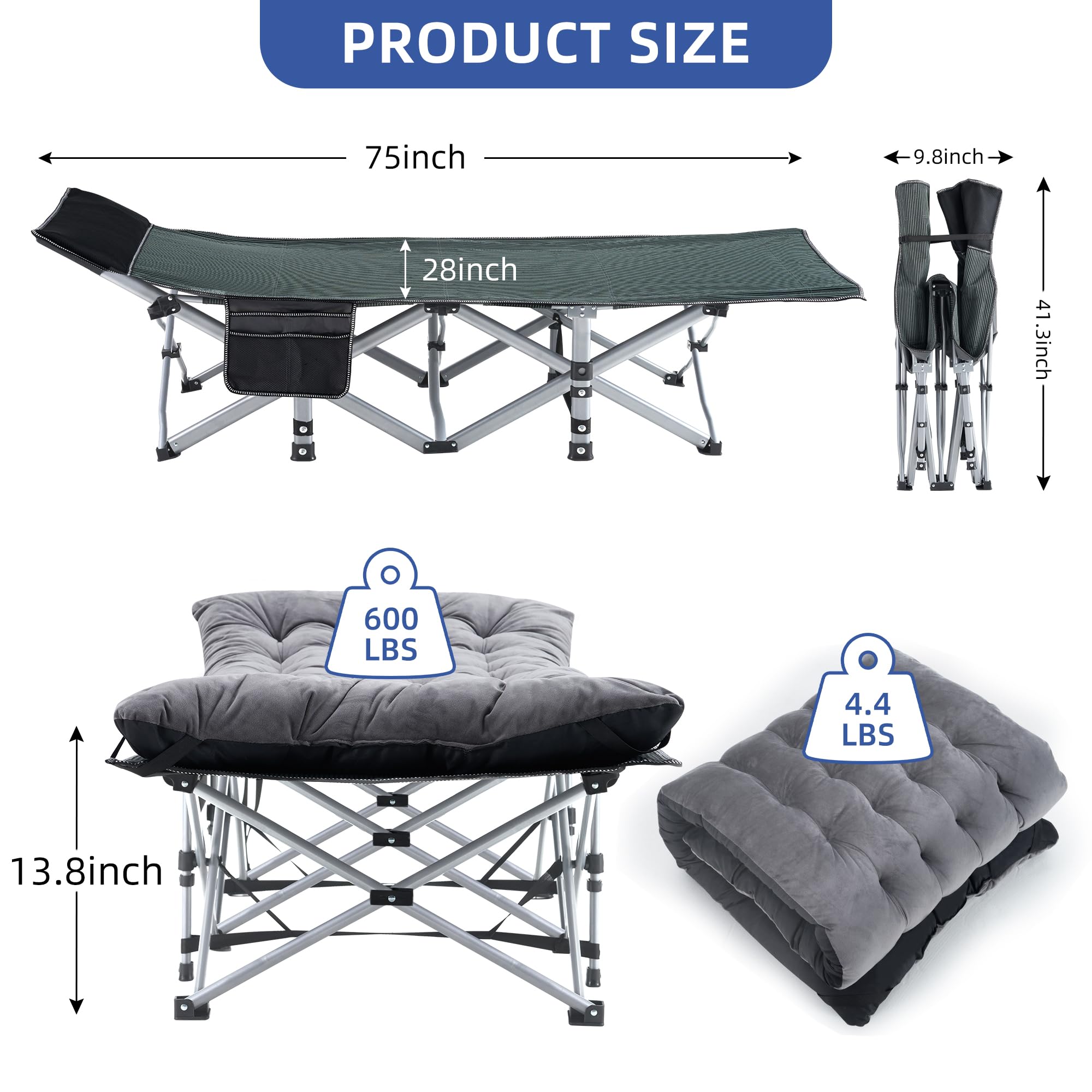 Heavy Duty Camping Cot for Adults - Portable Folding Cot with Mattress, Pillow & Carry Bag - 1200D Double Layer Oxford Fabric - Supports 600 lbs - Grey & Black - Perfect for Camping, Backpacking, Emergency Preparedness & Outdoor Adventures