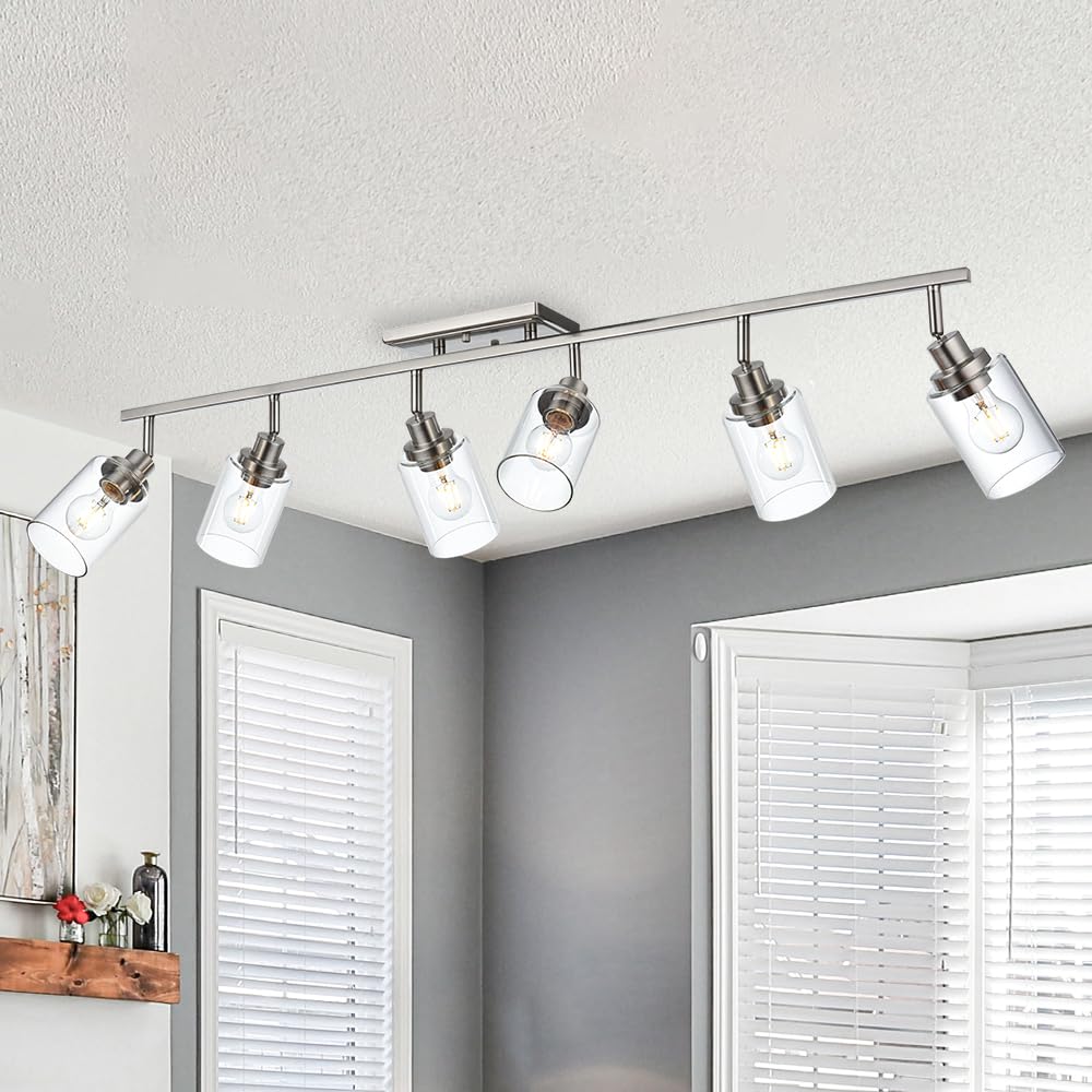 6-Light Brushed Nickel Track Lighting Fixture with Clear Glass Shade - Modern Semi-Flush Ceiling Spot Light for Bathroom Vanity, Mirror Cabinets, Kitchen & Living Room - Perfect for Ambient and Task Lighting in Home & Office Spaces