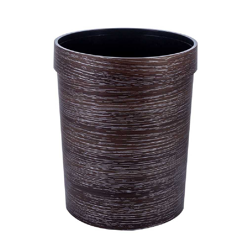 Round Plastic Trash Can with Wooden Lid - Wood Grain Waste Paper Basket with Pressure Ring for Bathroom, Powder Room, Kitchen & Home Office - Perfect for Waste Disposal and Home Organization