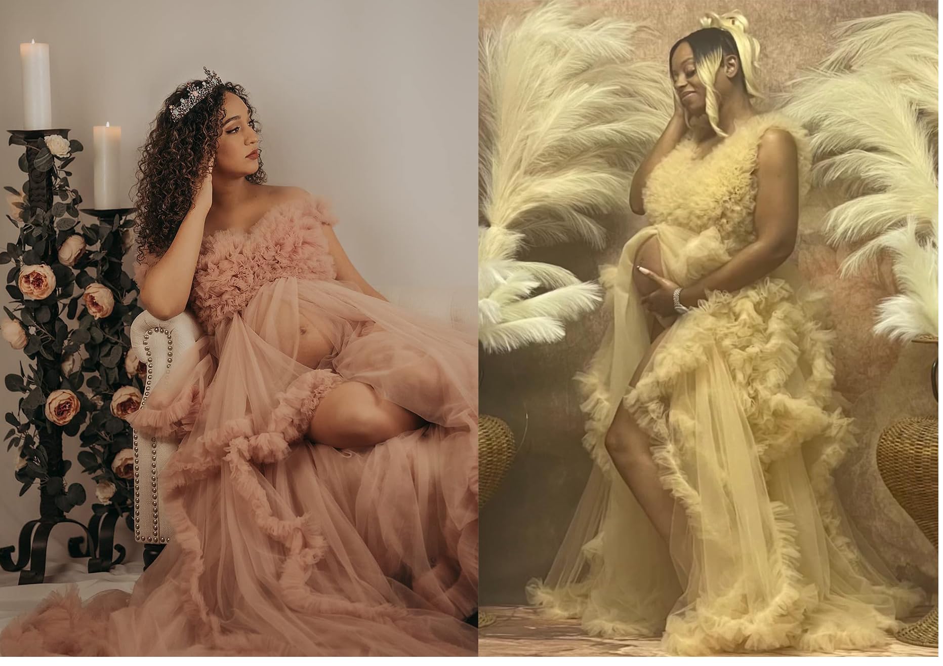 Elegant Maternity Robe - Long Lingerie Bridal Gown with Tulle & Ruffles for Pregnancy Photoshoots, Baby Showers & Honeymoon Nights