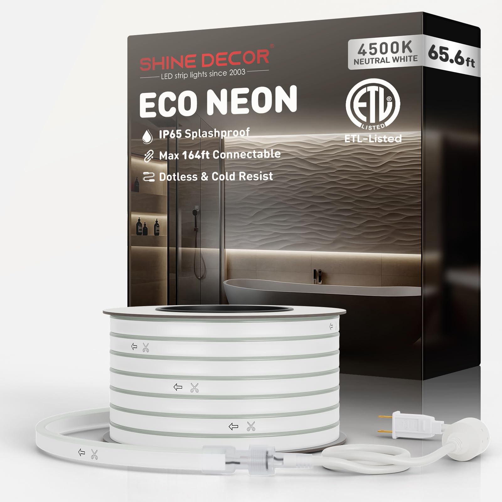 Shine Decor LED Rope Lights 65.6FT, 120V AC Connectable Cuttable Dotless Neon Strip Lighting - 120 LEDs/M, ETL Certified IP65 Waterproof for Indoor Outdoor Use, 4500K Neutral White (8x16mm) - Perfect for Home Decor, Commercial Signage, Parties & Landscape Lighting