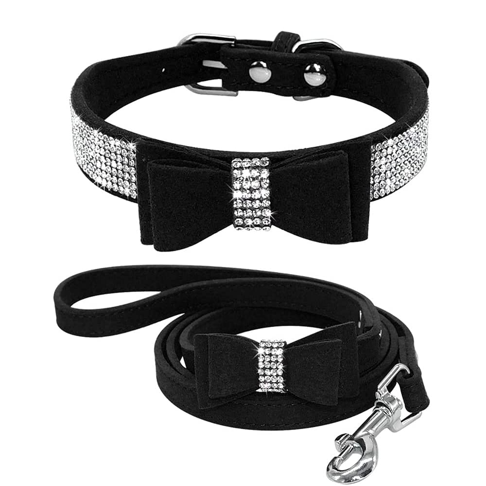 Sparkling Rhinestone Dog Collar & Leash Set with Crystal Diamonds & Bow - Adjustable Soft Velvet Pet Accessories for Small Dogs (10-12.6