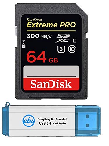 SanDisk 64GB Extreme Pro UHS-II SDXC Memory Card - 300MB/s U3 V90 Class 10 for Canon EOS R3 Mirrorless Camera - Bundle with SD Card Reader - Perfect for 4K Video & High-Speed Photography