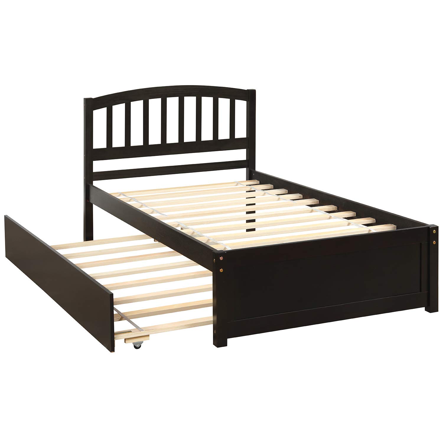 Harper & Bright Designs Twin Size Wooden Bed Frame with Pull Out Trundle - Solid Platform Bed with Headboard for Kids (Espresso) | Perfect for Small Bedrooms, Guest Rooms & Kids' Rooms