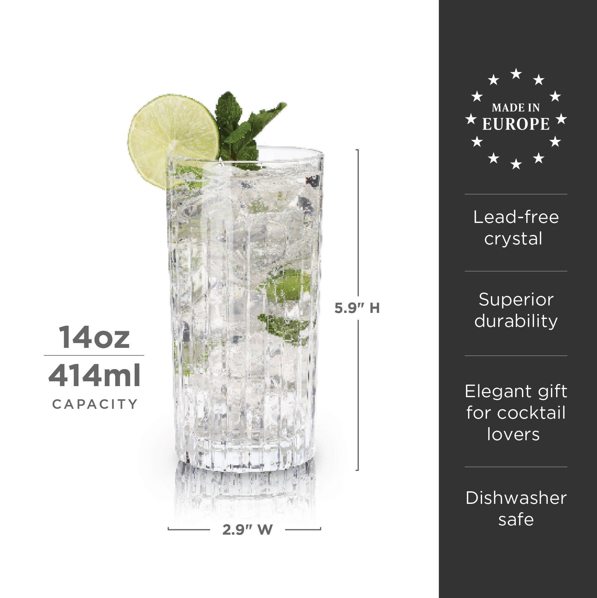 Premium Reserve Milo Crystal Highball Glasses Set of 4 - Elegant Whiskey & Cocktail Drinking Glasses for Home Bar, Dinner Parties & Gifts