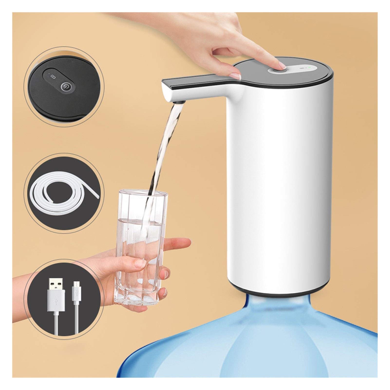 Electric Water Pump for Gallon Bottles - Automatic One-Button Dispenser with Switch - White Household Drinking Water Pump for Kitchen, Office, Camping & Emergency Use