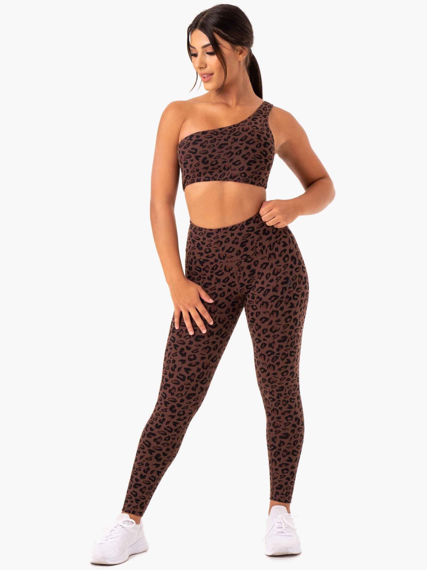Adapt One Shoulder Sports Bra - Chocolate Leopard Print - High Support Workout Top for Running, Yoga & Gym - Breathable & Comfortable Activewear