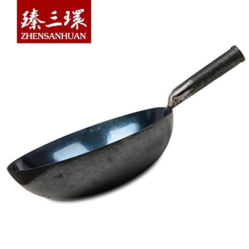 ZhenSanHuan Authentic Chinese Hand-Hammered Carbon Steel Wok Pan - 36cm Seasoned Iron Stir Fry Pan, Non-Stick Natural Finish, Oil-Efficient Cooking - Perfect for Stir-Frying, Sautéing & Asian Cuisine