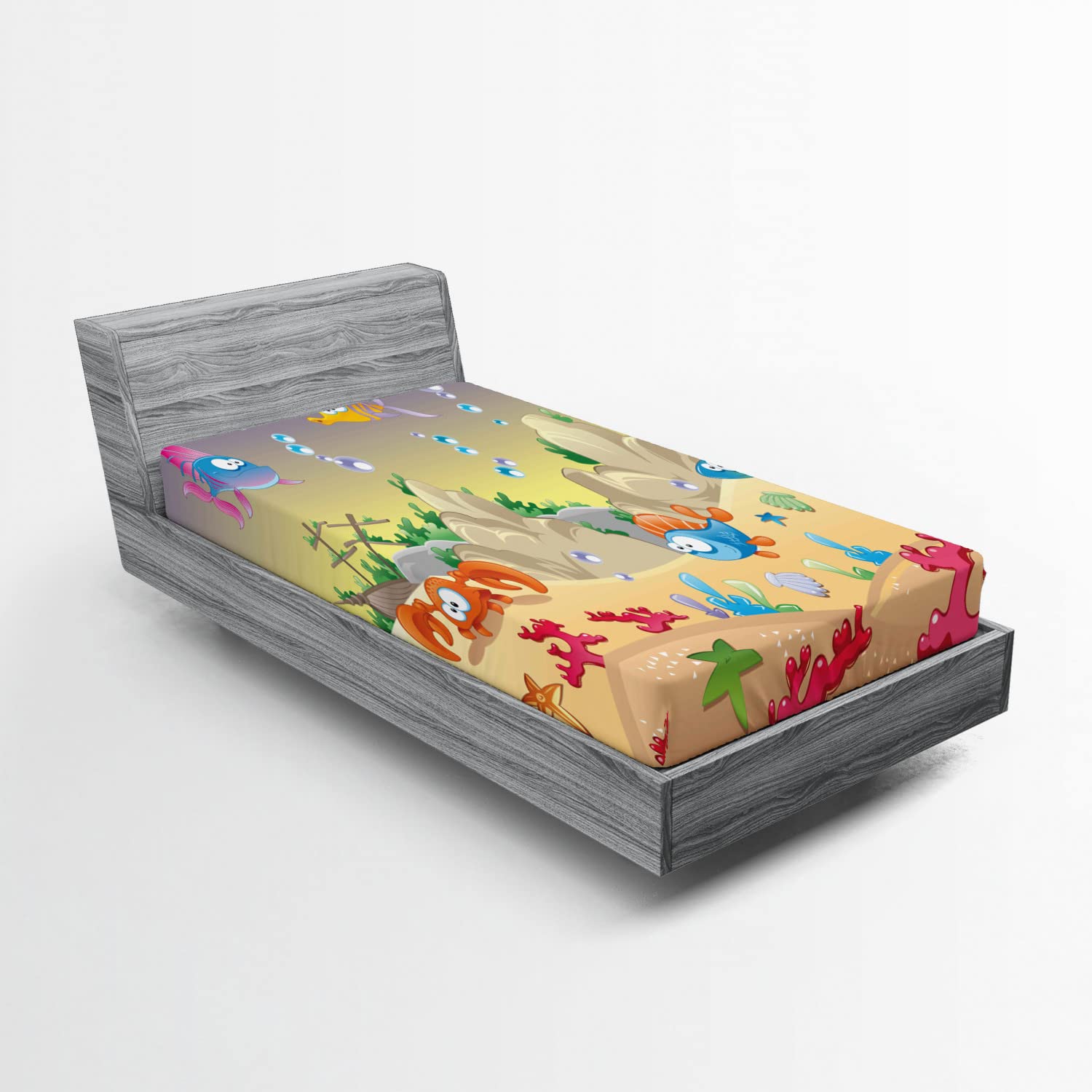 Ambesonne Underwater Fitted Sheet - Cartoon Sea Animals, Fish, Sunken Ship & Coral Reef Design - Deep Pocket Elastic Twin Size Bed Sheet - Perfect for Kids' Rooms, Ocean Themed Bedrooms & Nautical Decor