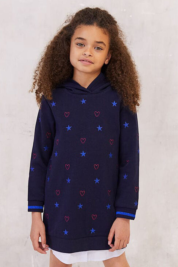 IKKS Hearts Hoodie Tunic Dress for Girls - Soft Cotton Pullover Sweatshirt with Hood | Perfect for School, Playdates & Casual Outings