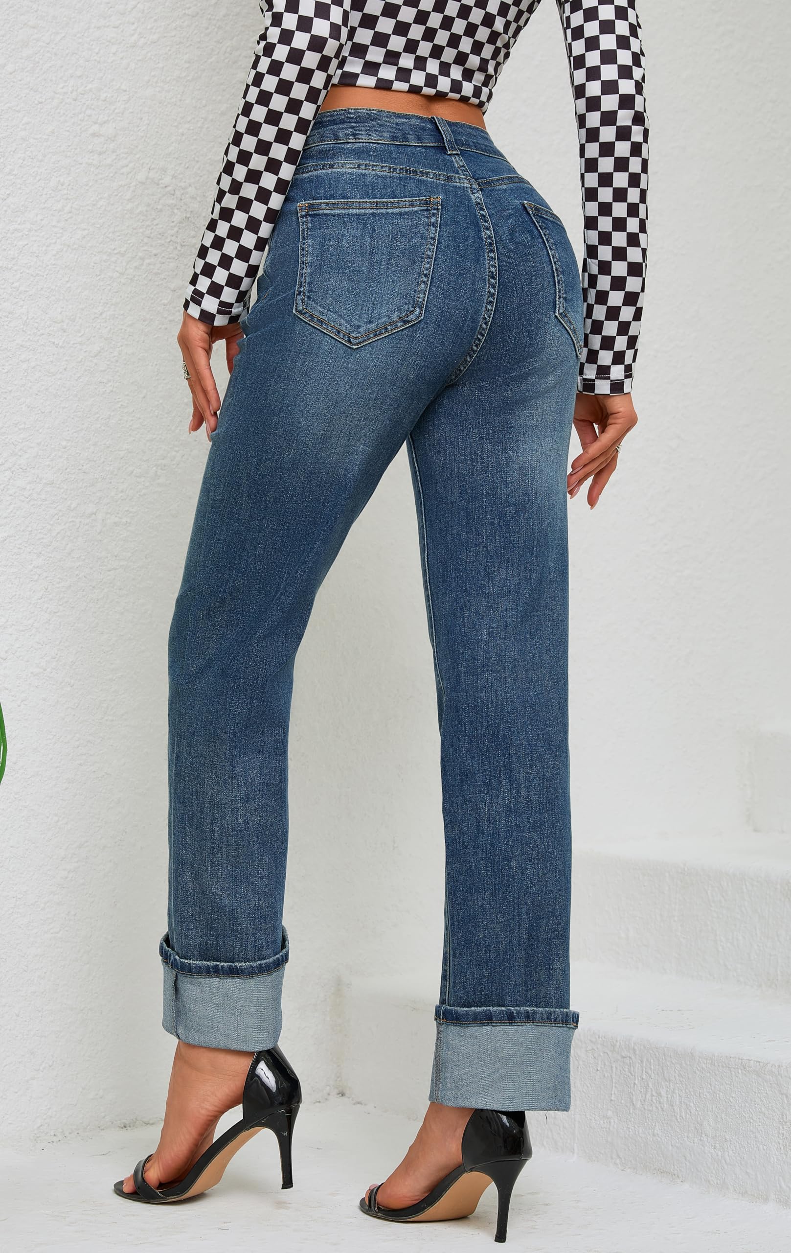 Women's High Waisted Stretchy Straight Leg Jeans - Tummy Control Slimming Ankle Fold Hem Pants | Trendy Casual & Work Office Wear