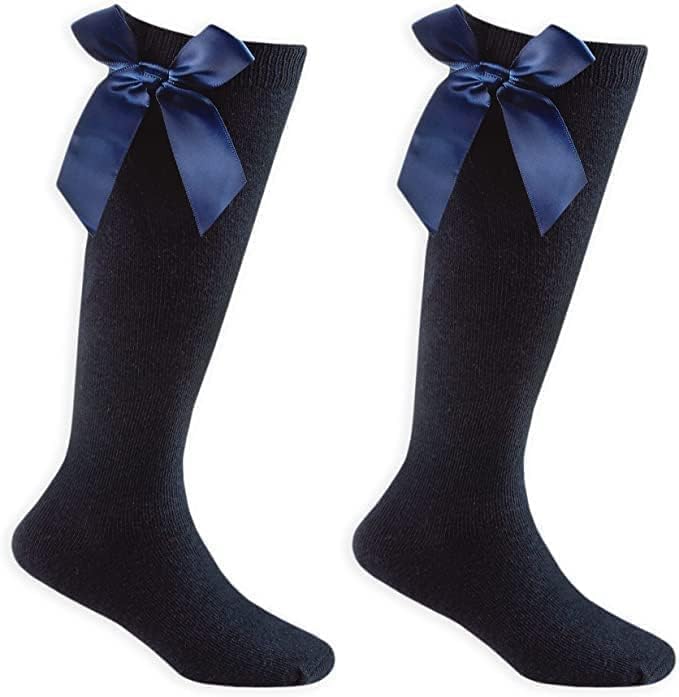 ITRAT® 2 Pairs Girls Knee High School Socks - Cotton Uniform Socks with Fluffy Ribbon Bows for Comfort & Style | Perfect for School, Party Wear, Dance, and Everyday Outfits