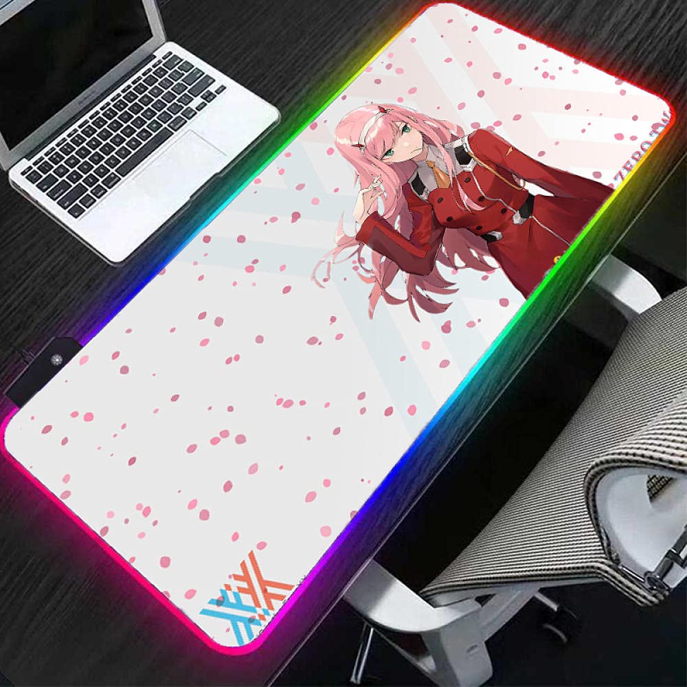 Anime Gaming Mouse Pad - Darling in the FRANXX Pink Hair Girl 02 RGB LED Glowing Mouse Mat with 14 Lighting Modes, XXL Extended (1000x500mm) - Perfect for PC Gaming Setup, Office Work & Anime Decor