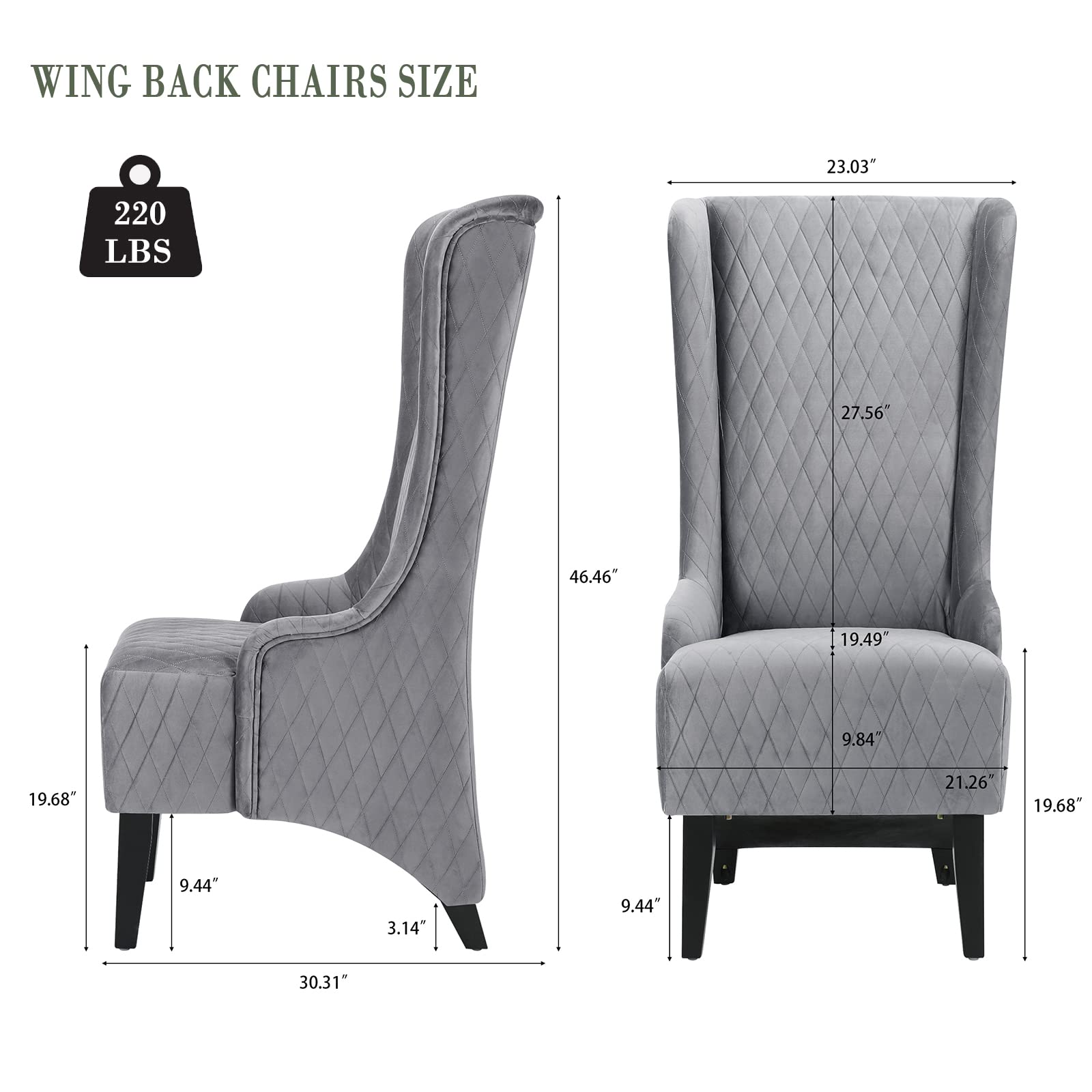 Wing Back Dining Chair - High Back Velvet Upholstered Side Chair for Living Room, Retro Accent Armless Throne Seat in Grey | Perfect for Bedroom, Dining Room, Banquet & Dinner Parties