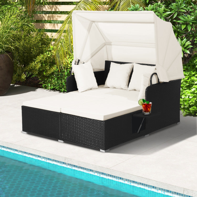 Costway Outdoor Patio Rattan Daybed with Retractable Canopy & Side Tables - Black - Perfect for Poolside Lounging, Garden Relaxation & Backyard Sunbathing