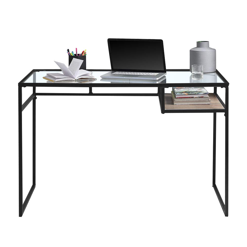 Modern Metal & Glass Top Writing Desk - Home Office Desk, Makeup Vanity Table with Sturdy Frame for Bedroom & Study Room Decor | Perfect for Remote Work, Online Classes & Beauty Routine