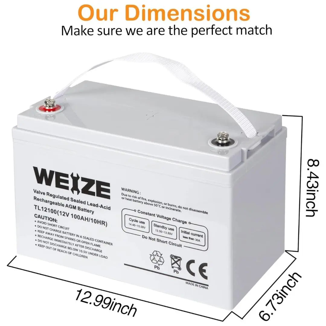 WEIZE 12V 100AH Deep Cycle AGM Battery for Solar, RV, Marine - Maintenance-Free SLA Battery (Light Grey) - Perfect for Off-Grid Power, Trolling Motors & Backup Systems