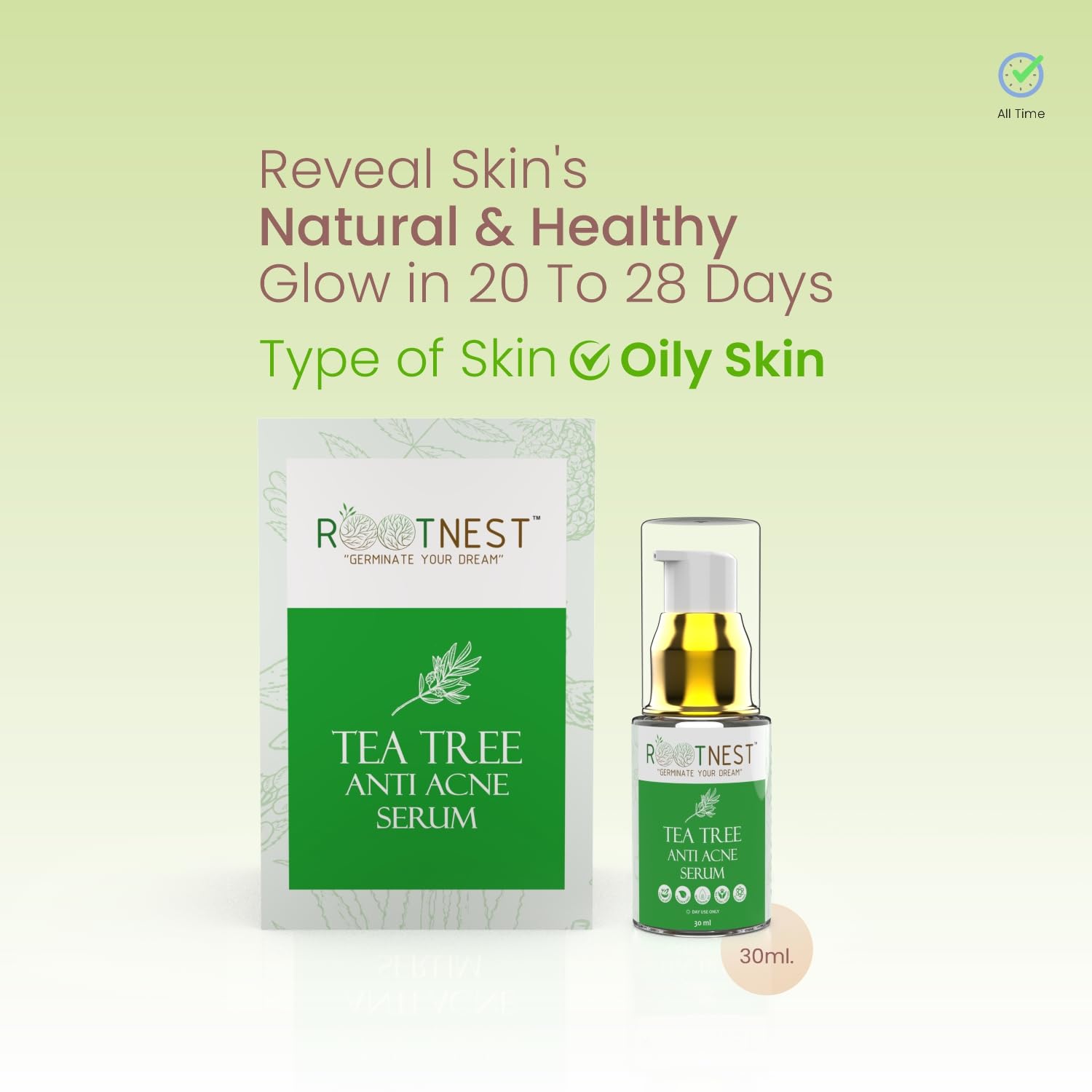 ROOTNEST Tea Tree Anti Acne Face Serum - Natural Ayurvedic Formula with Tea Tree Oil, Neem & Aloe Vera | Treats Pimples, Blackheads & Acne Breakouts | 30ml | Perfect for Oily & Acne-Prone Skin | Use Daily for Clear, Healthy Complexion